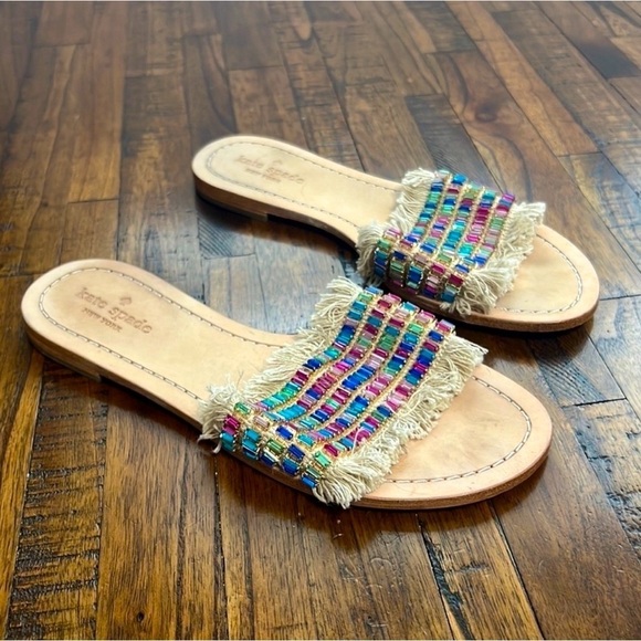 Kate Spade Sandal Raffia Natural Canvas multicolor jewel details size 8 - Picture 2 of 11